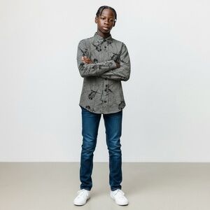 ✨5 for $25✨ Gray Casual Button Down Shirt with Skiing Astronauts Pattern